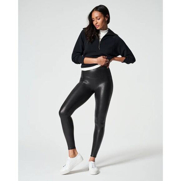 SPANX Faux Leather Black Power Waistband High Waist Leggings Womens Small 2437 - Picture 1 of 13